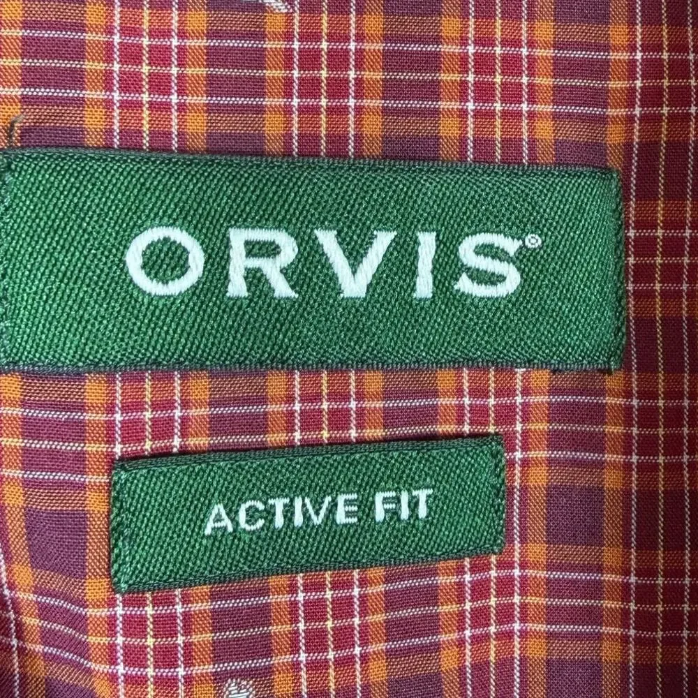 Orvis Active Fit Mens XL Orange Plaid Long Sleeve Casual Geese Outdoor Shirt